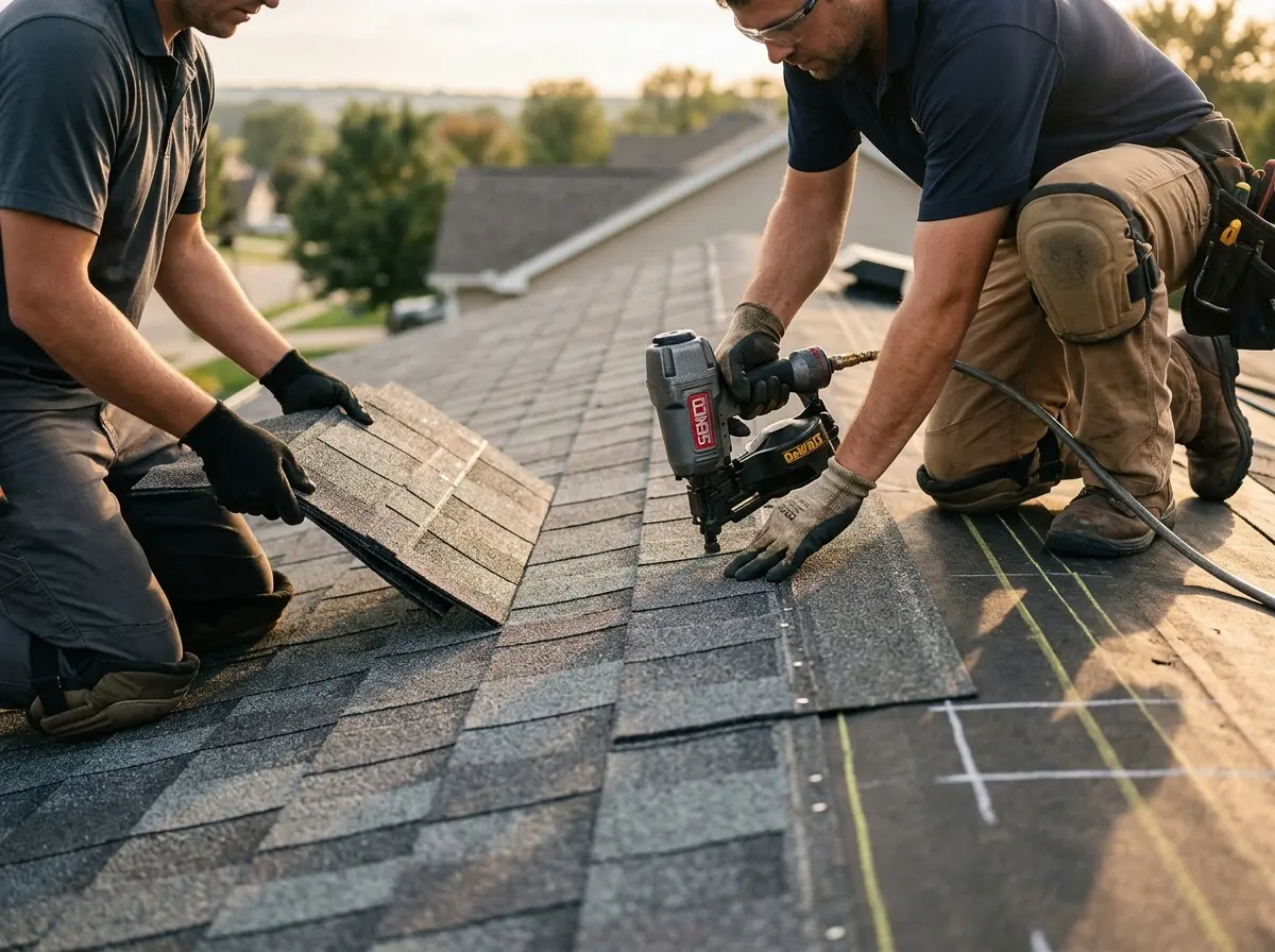 Professional roofer working on a residential roof in St. Helens